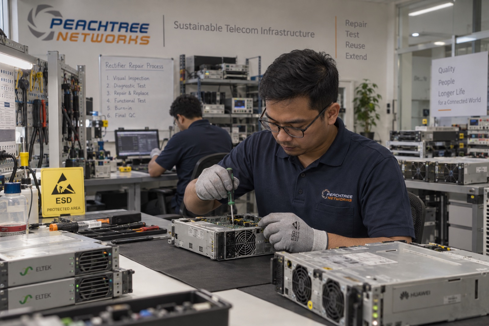 Peachtree Networks technician testing a rectifier module in the ESD-protected repair lab